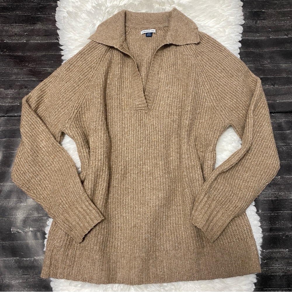 AMERICAN EAGLE BEIGE COLLAR RIBBED KNIT POLO SWEATER VANILLA GIRL COZY MINIMAL